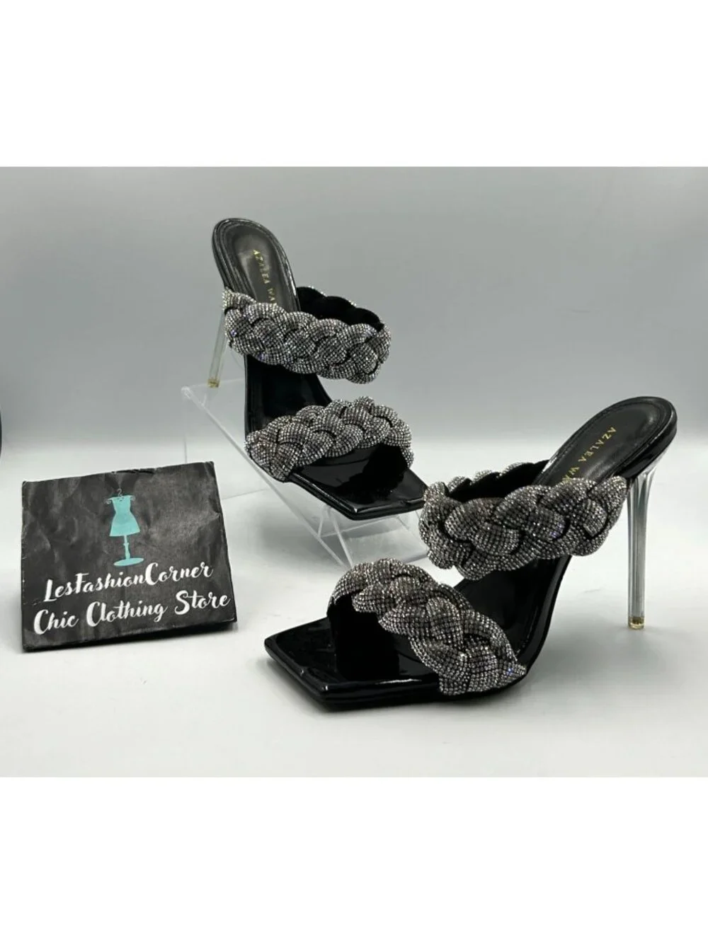 Azalea Wang Women's Black Patent Rhinestone Braided Stiletto Heels Size 6 3366 - Picture 10 of 16